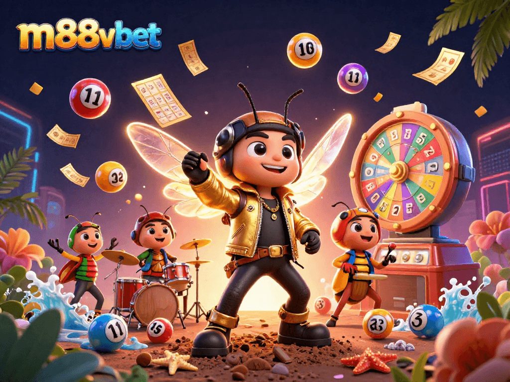 Engage with m88vbet's vibrant gaming scene featuring dynamic lottery elements and energetic characters.
