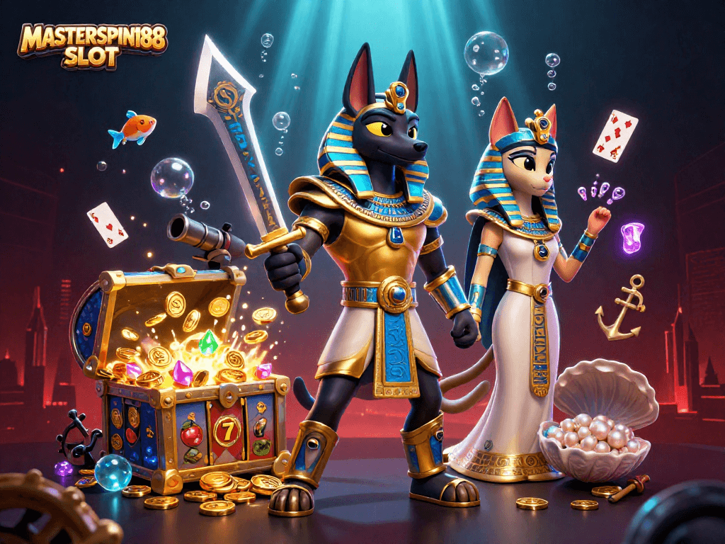 Experience the thrill of MASTERSPIN188 SLOT with an exciting 3D scene featuring Anubis and Bastet.