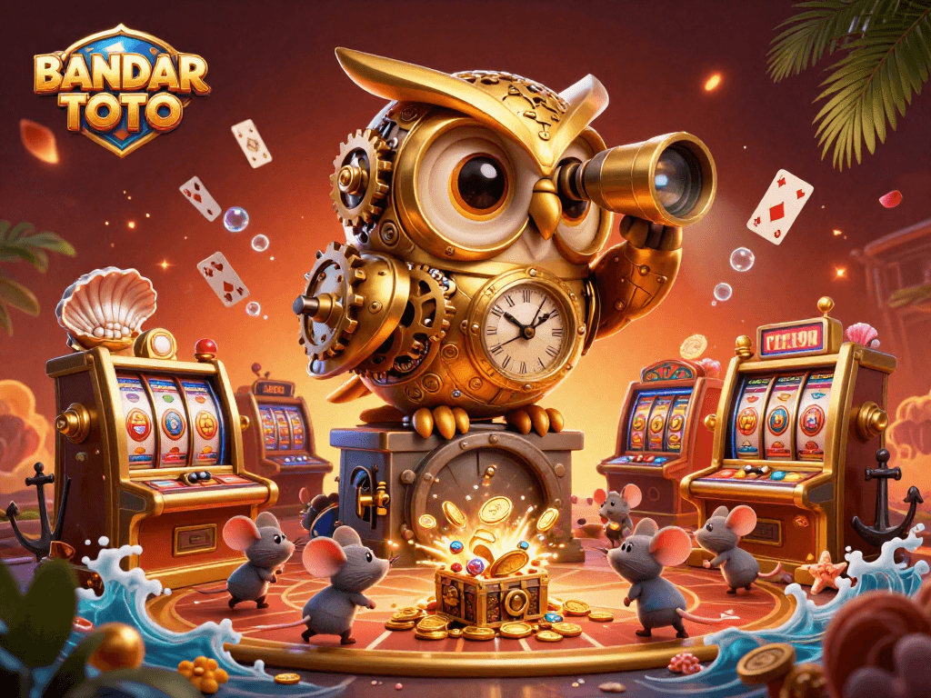 BANDAR TOTO offers thrilling casino action as the golden clockwork owl surveys the vibrant gaming floor filled with treasures.