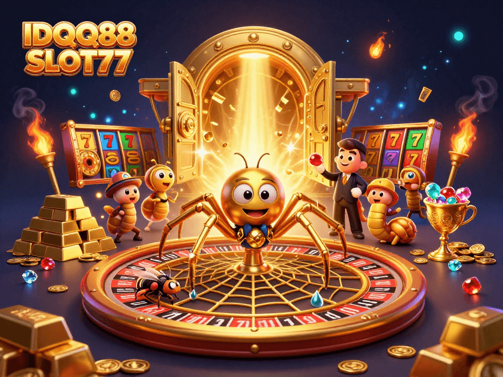 IDQQ88 SLOT77 offers an immersive gambling experience with a vibrant casino scene featuring a golden spider and centipede croupier.