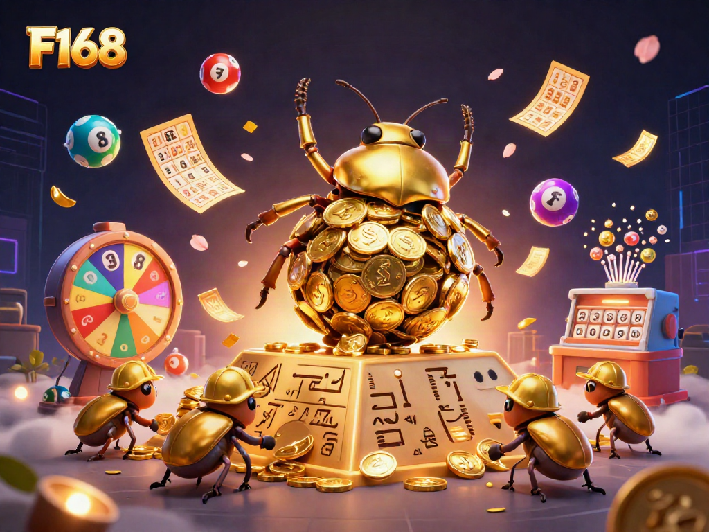 F168 platform featuring a golden beetle and lottery symbols for dynamic gaming action.