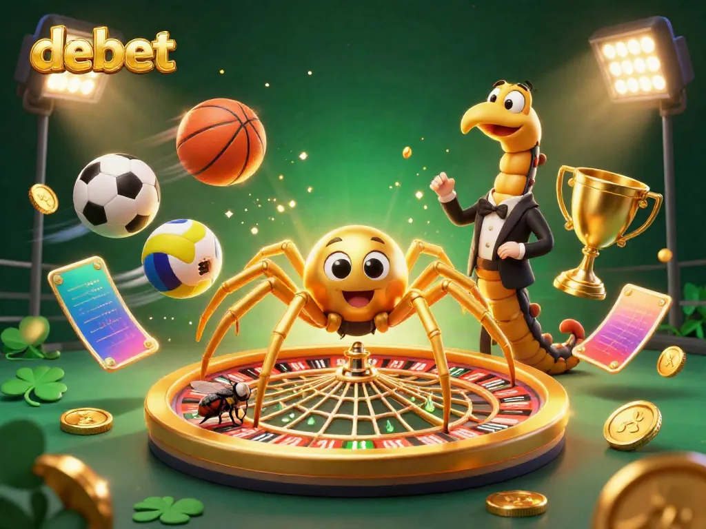 Experience debet through an engaging 3D illustration, showcasing a golden spider and centipede croupier amidst dynamic casino elements.