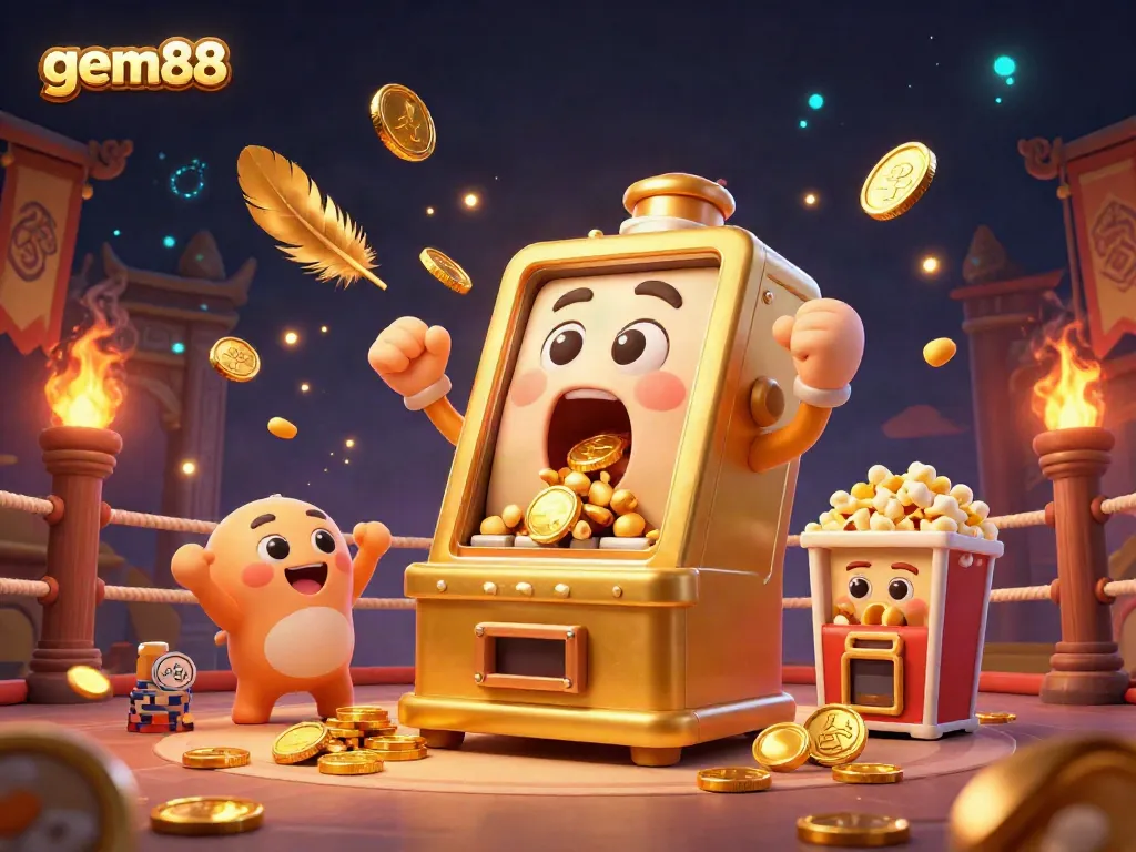 Experience the excitement of gem88 as golden slot machines celebrate their jackpot amidst a vibrant casino atmosphere.