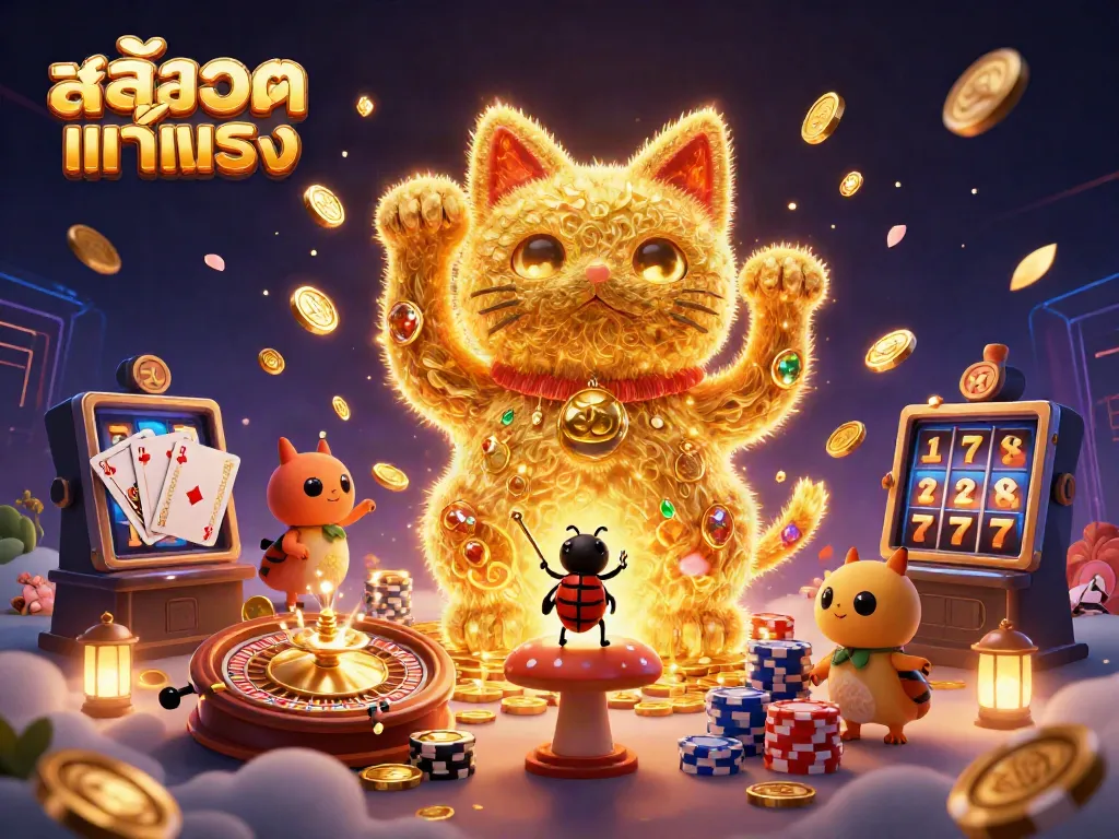 Engage with สล็อตแท้ตรง through a vibrant scene of a lucky cat and casino symbols amidst cascading coins.
