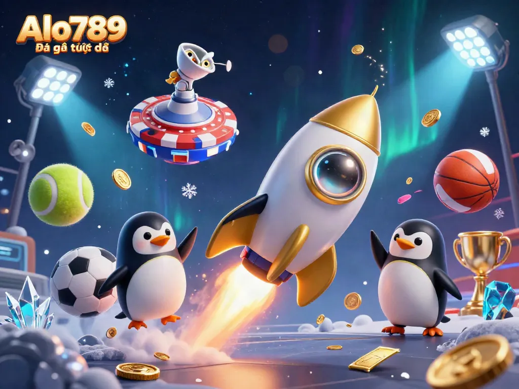 Alo789 Đá gà trực tiếp showcases a golden penguin and vibrant sports elements in a captivating casino scene.