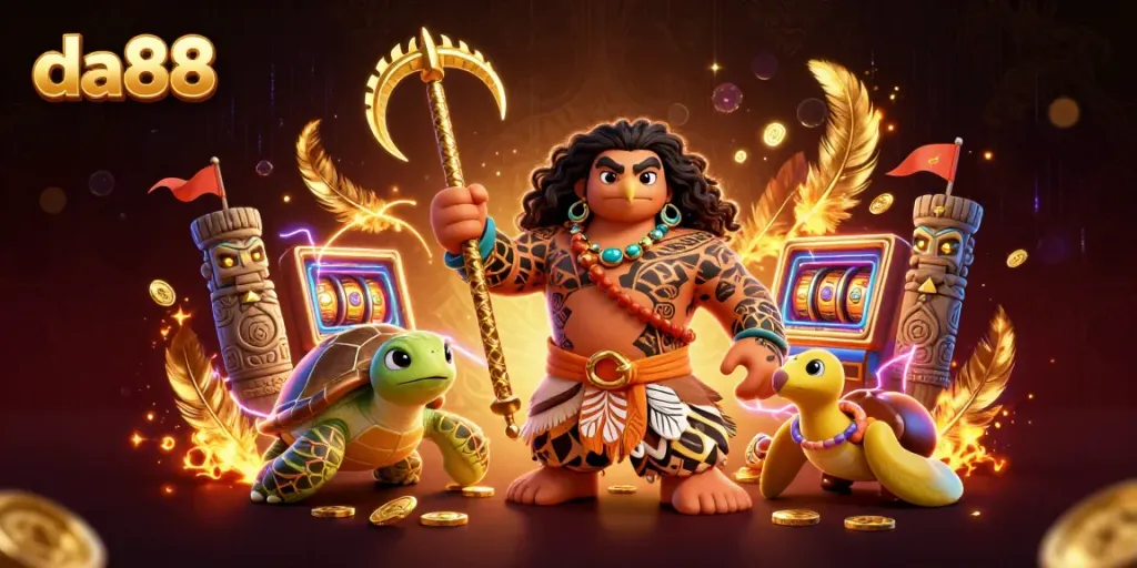Experience thrilling gaming at da88 with a demigod and turtle in a vibrant casino.