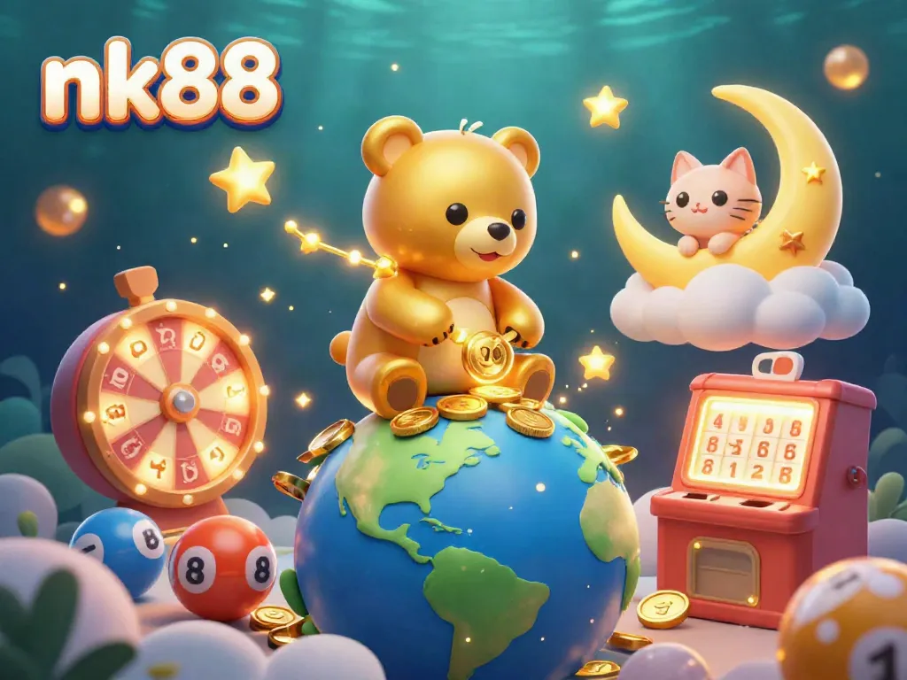 Engaging nk88 lottery scene with constellation bear, rainbow balls, and vibrant prize wheel.
