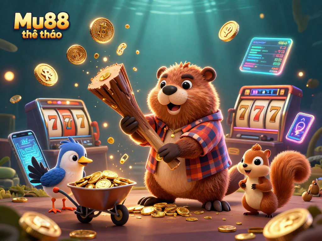Mu88 thể thao themed illustration showing a lumberjack beaver collecting coins in a vibrant casino atmosphere.