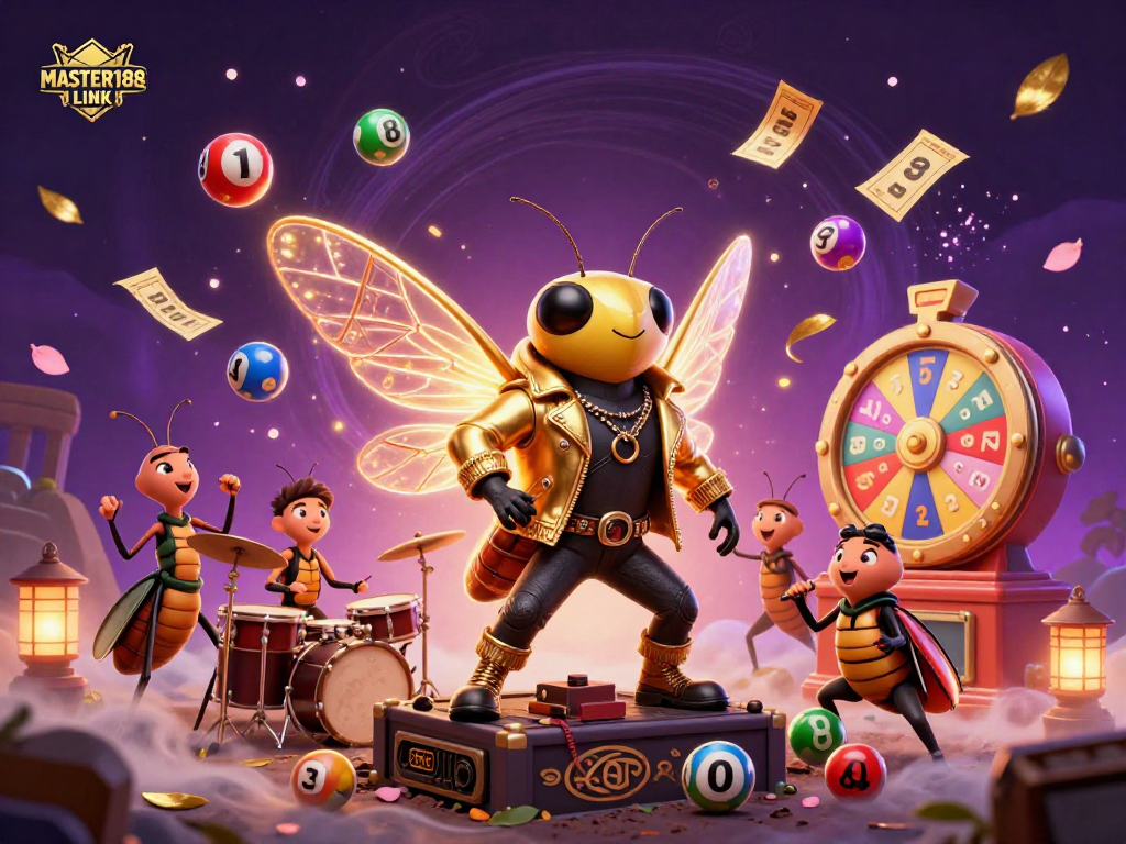 Engage with vibrant lottery excitement in the MASTER188 LINK scene featuring a rock star and funky game elements!
