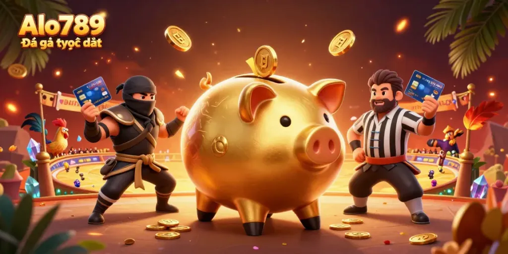 Alo789 Đá gà trực tiếp scene featuring dynamic characters in a cockfighting arena with gold coins falling, emphasizing the excitement of betting.
