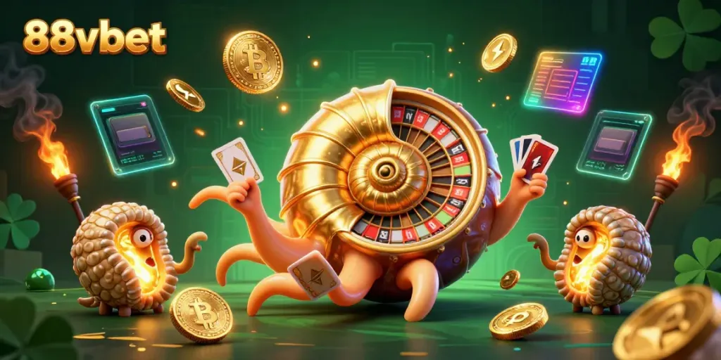Experience thrilling wins with 88vbet in this vibrant casino scene featuring a giant roulette nautilus.