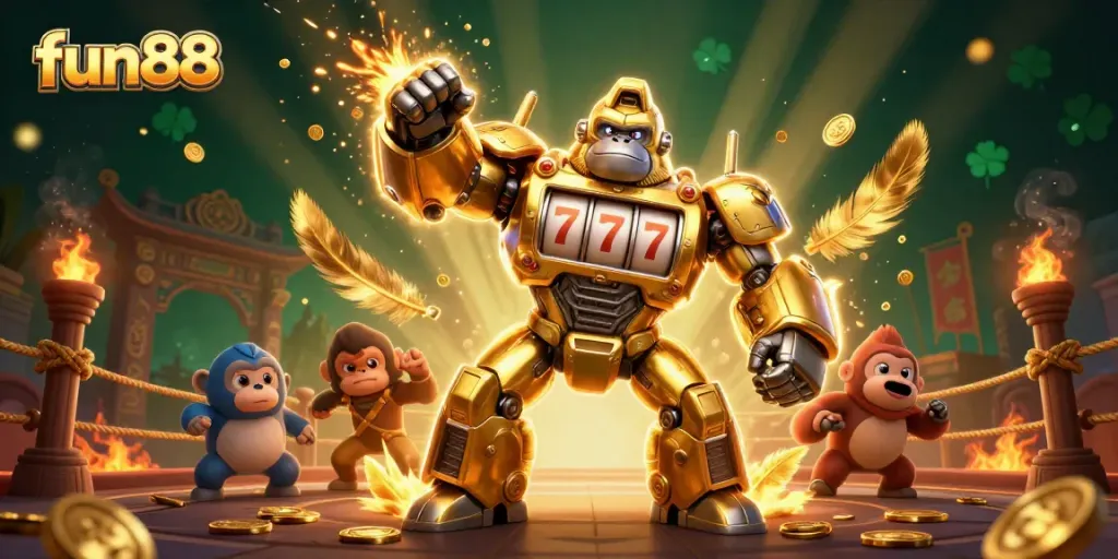 Spin to win with fun88’s golden gorilla mech, a vibrant scene bursting with casino excitement.