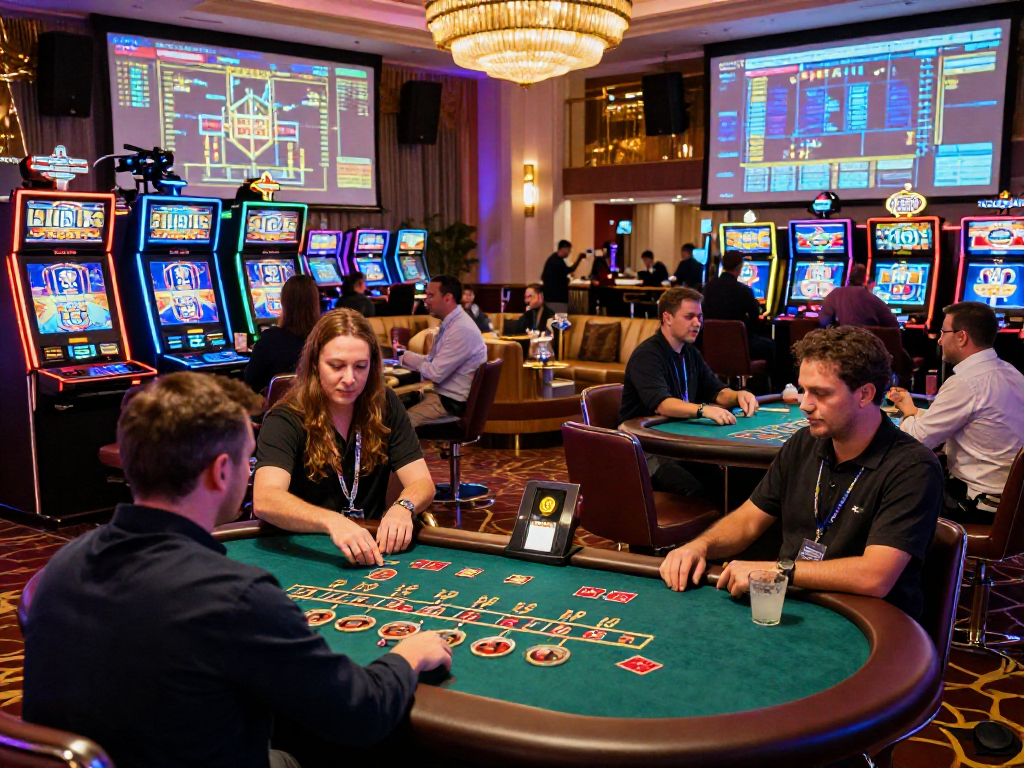 Giocatori ai casino online non AAMS mentre si divertono a tavoli dal vivo e slot machine in un'atmosfera elegante e vibrante.