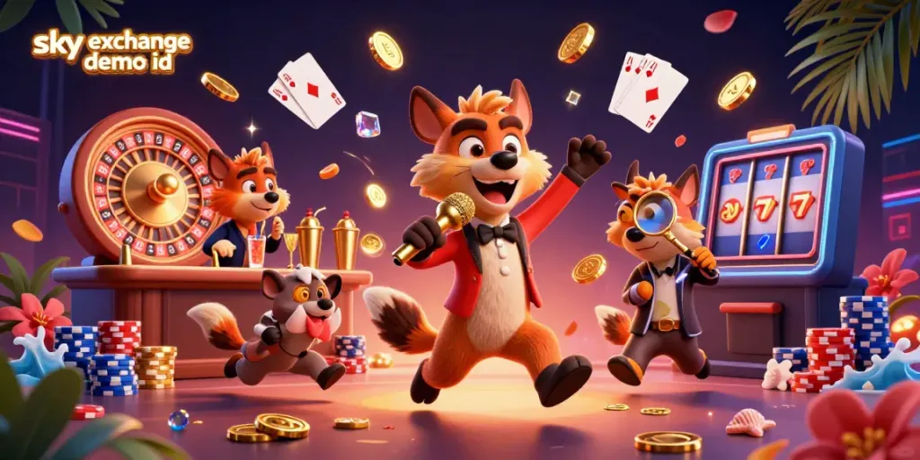 Engaging illustration showcasing the vibrant atmosphere of a comedy casino with hyenas and dynamic game elements centered around sky exchange demo id.