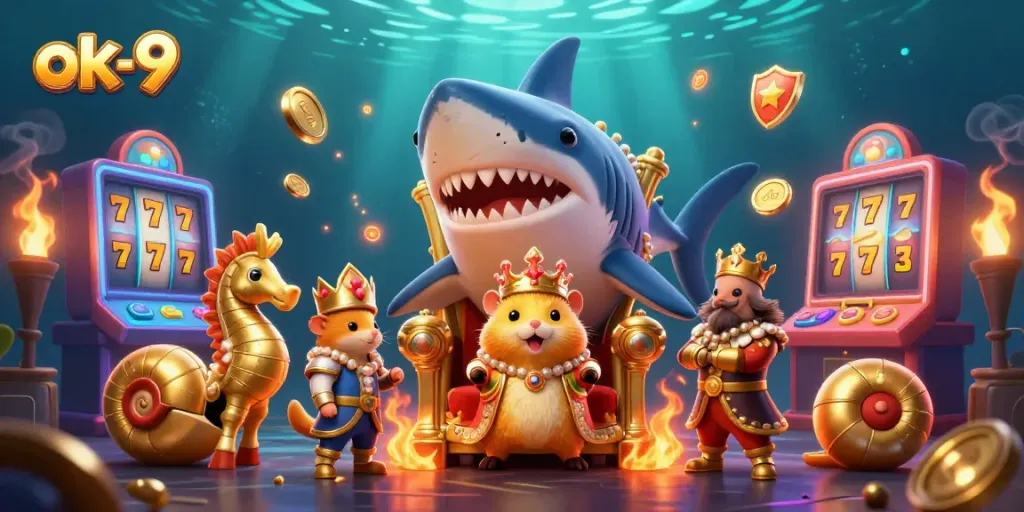 Engage in exciting slots action at ok-9 featuring a golden hamster king and dazzling casino elements.