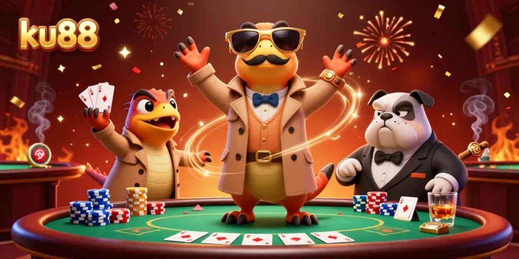ku88 players enjoying poker with three raptors in disguise entering a VIP lounge