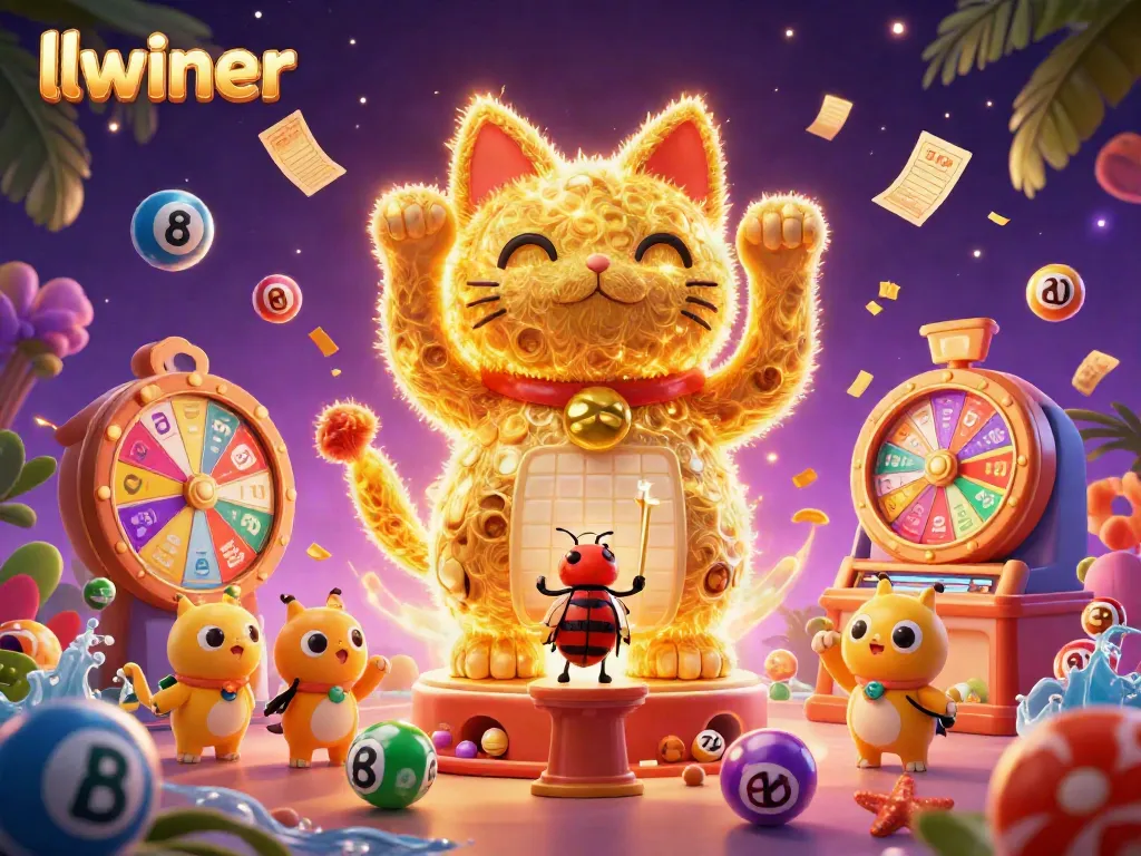 Engage with llwiner's vibrant online lottery experience featuring animated lucky cat scenes.