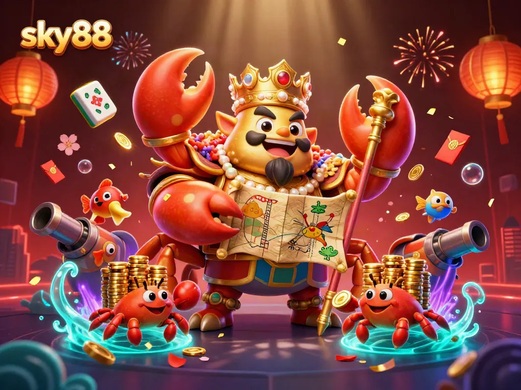 Experience exhilarating fish shooting action with sky88, featuring a golden crab emperor and vibrant game elements.