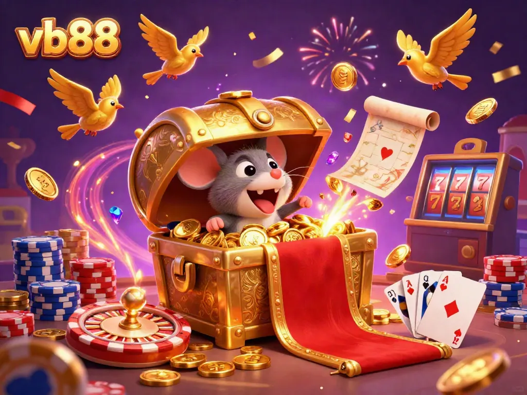 Engage in the exciting world of vb88 with a vibrant treasure chest scene, full of celebratory elements and casino games.