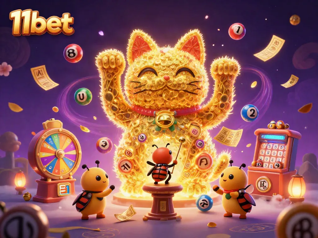 Experience exciting gaming with 11bet in a vibrant casino-style illustration showcasing jackpots and lucky charms.