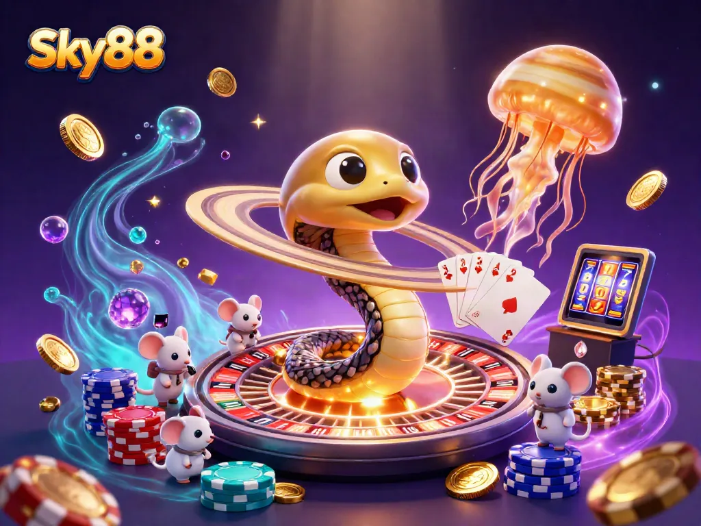 Sky88 engages bettors with a vibrant cosmic casino scene featuring playful astronauts and a magical jellyfish dealer.