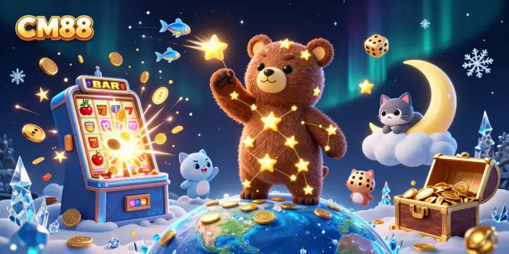 Experience vibrant casino gameplay with CM88's 3D constellation bear and jackpot-filled scene.