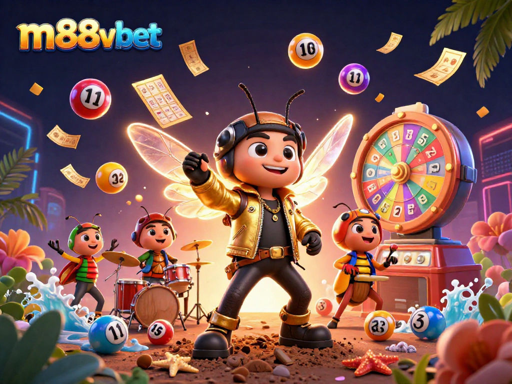 Engage with m88vbet's vibrant gaming scene featuring dynamic lottery elements and energetic characters.