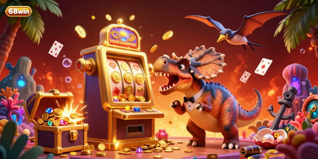 Experience thrilling jackpots at 68win with an exciting scene of playful dinosaurs and a golden slot machine.