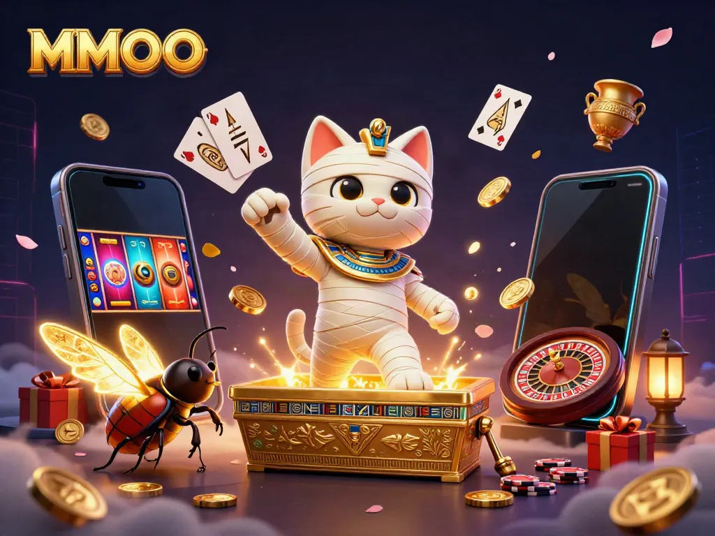 Experience the thrilling MMOO with an Egyptian mummy cat and games-casino scene igniting your winning spirit.