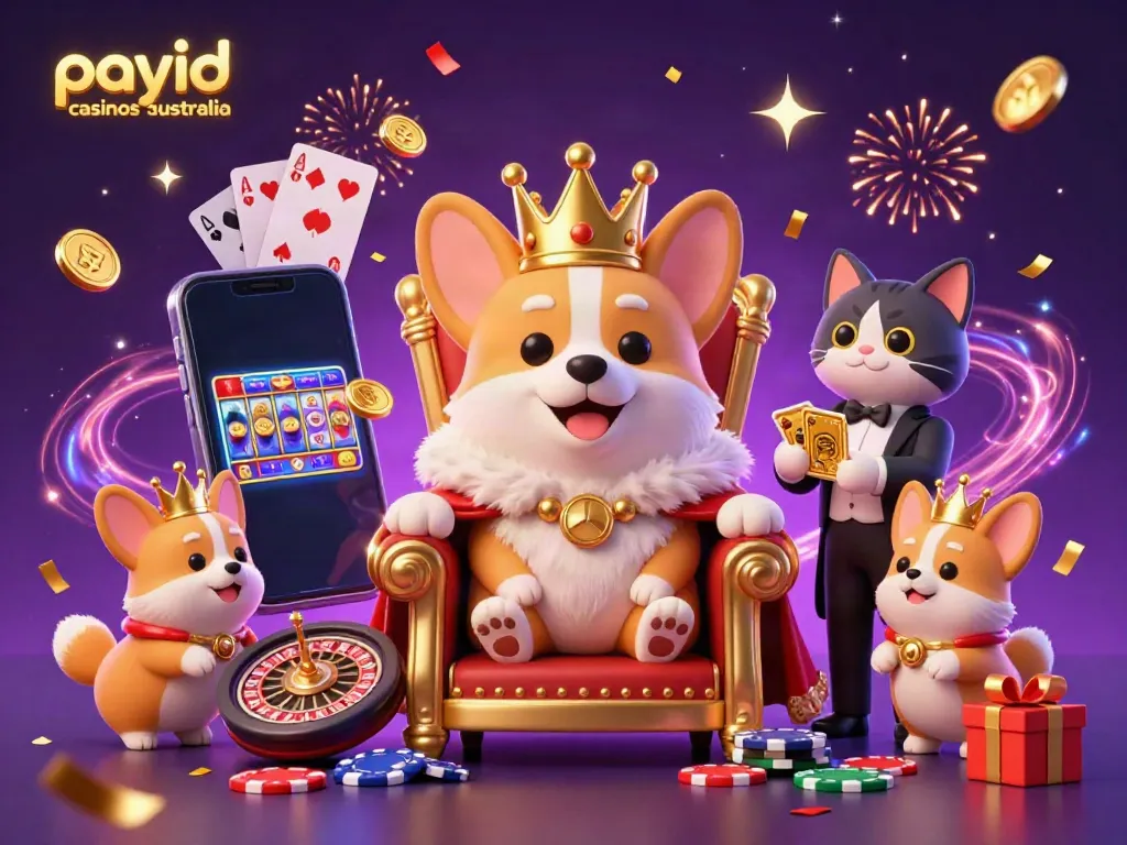 Experience seamless gaming with payid casinos australia, featuring a royal corgi and fun gambling elements.