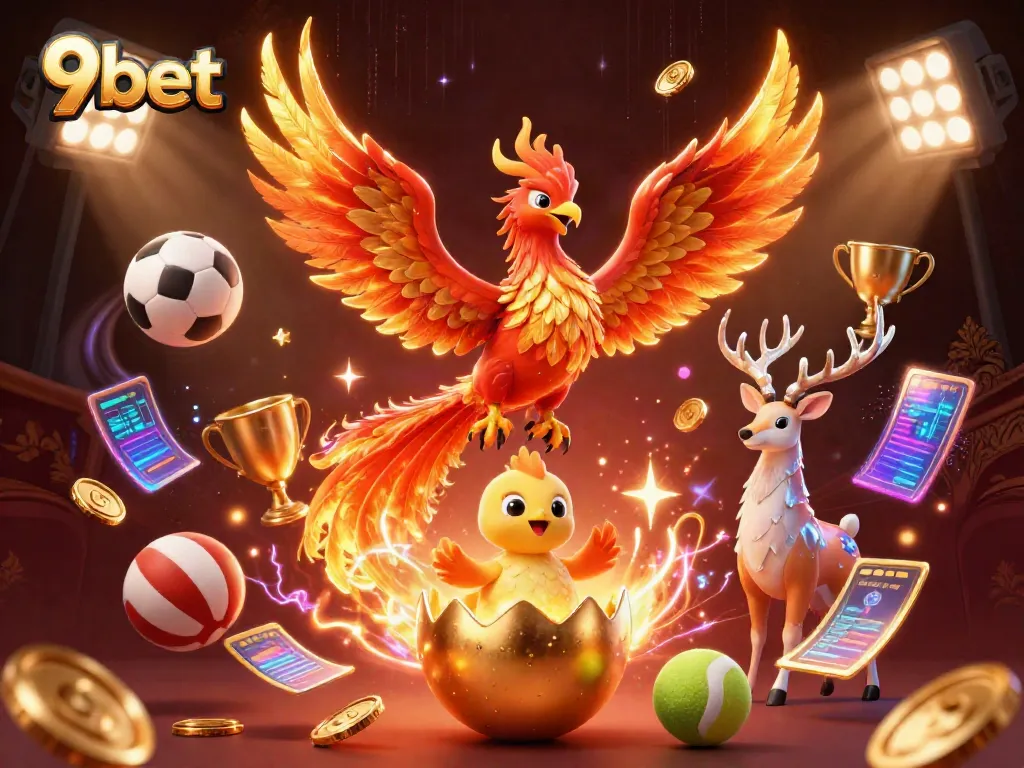 Experience the vibrant world of 9bet with a golden phoenix soaring among dynamic sports elements and exciting gaming visuals.