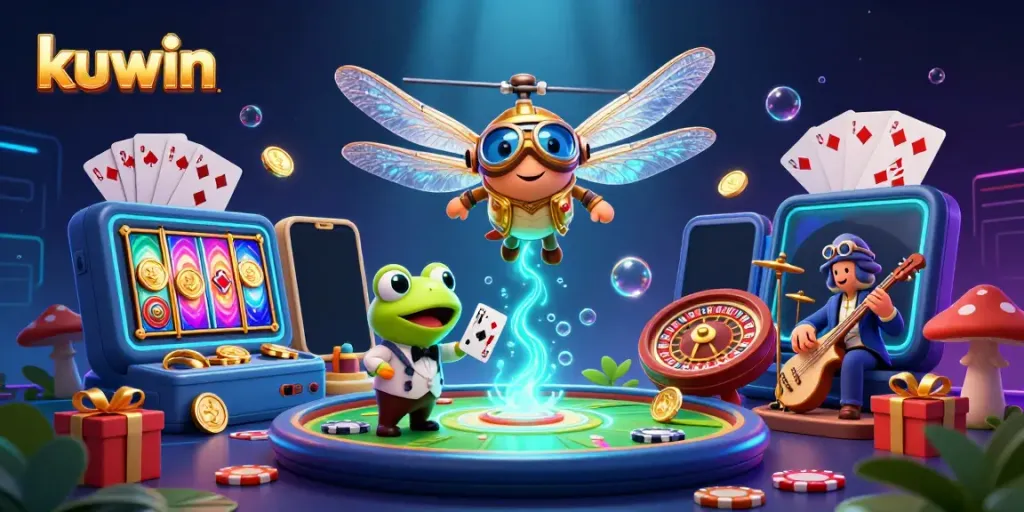 Kuwin highlights a thrilling casino scene with a dragonfly pilot and frog croupier under glowing effects.