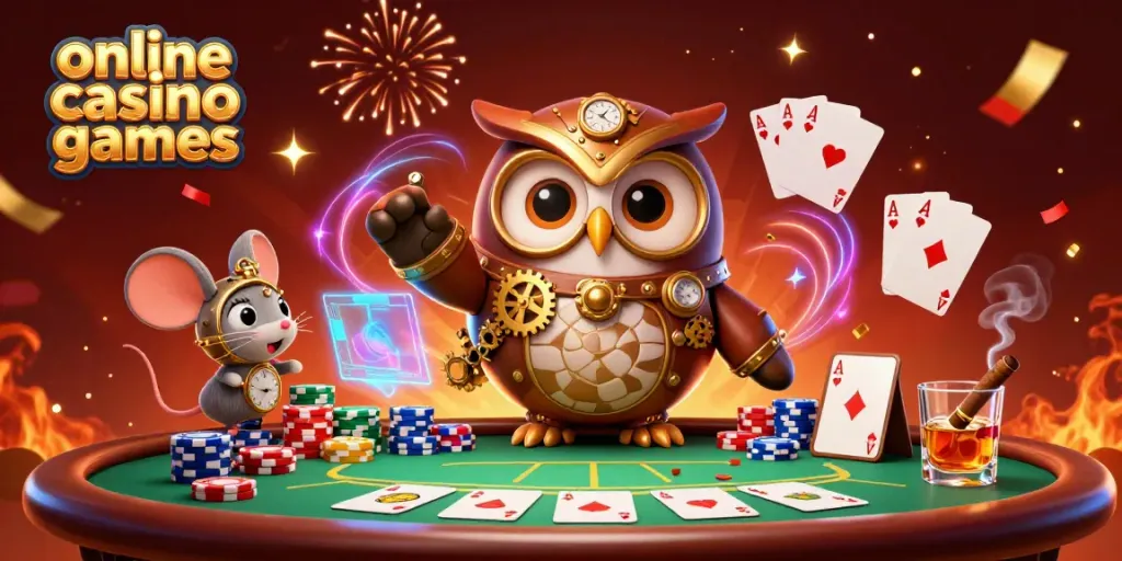 Experience thrilling online casino games with a whimsical owl and mouse in an energetic steampunk casino environment.