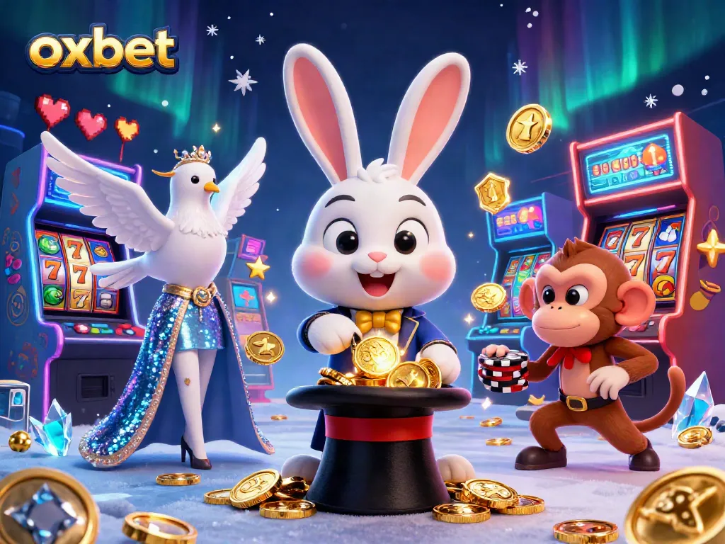Engage with oxbet's online casino excitement as a magician rabbit conjures coins while surrounded by vibrant gaming elements.