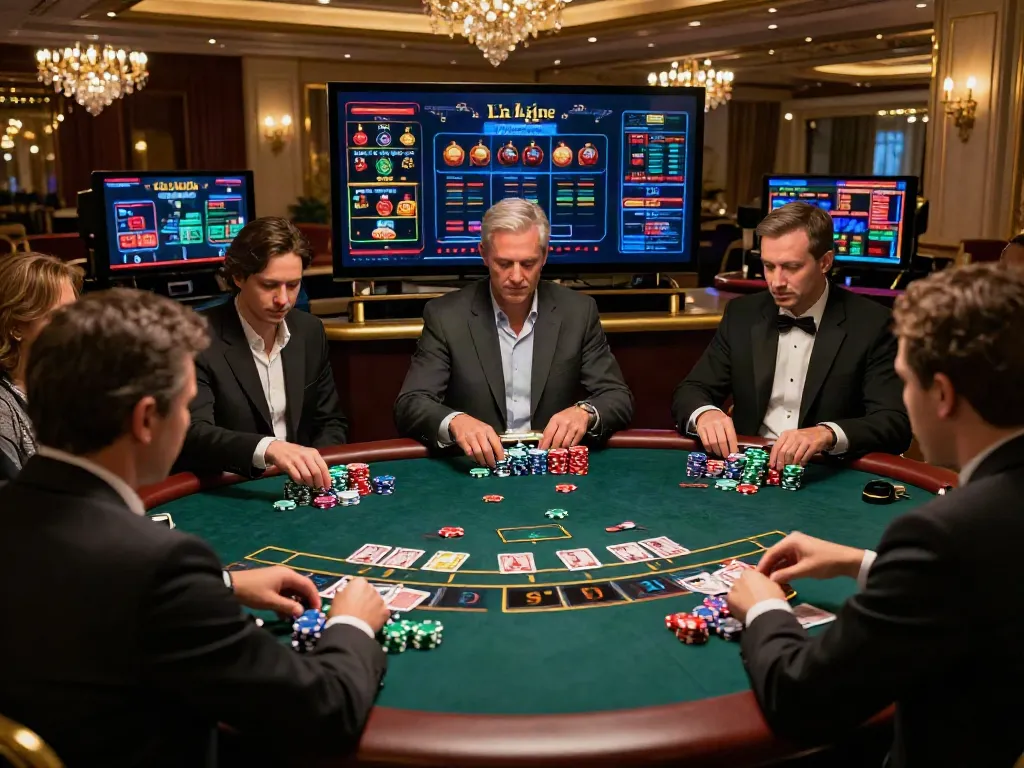 Elegant gaming room showcasing Casino En Ligne with players at a blackjack table.