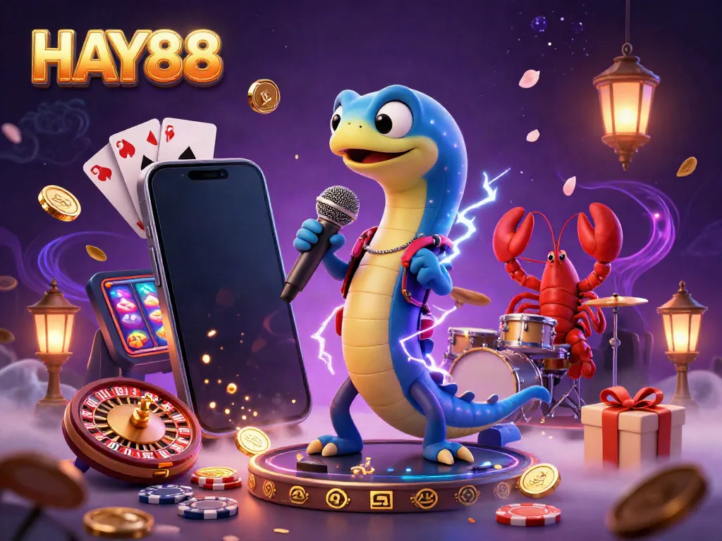 HAY88 electric eel DJ entertains with vibrant underwater casino gaming elements.
