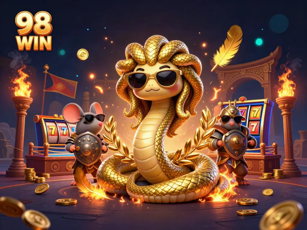 Engage with thrilling 98 WIN casino action showcasing Medusa and a mouse in a vibrant, rich scene.