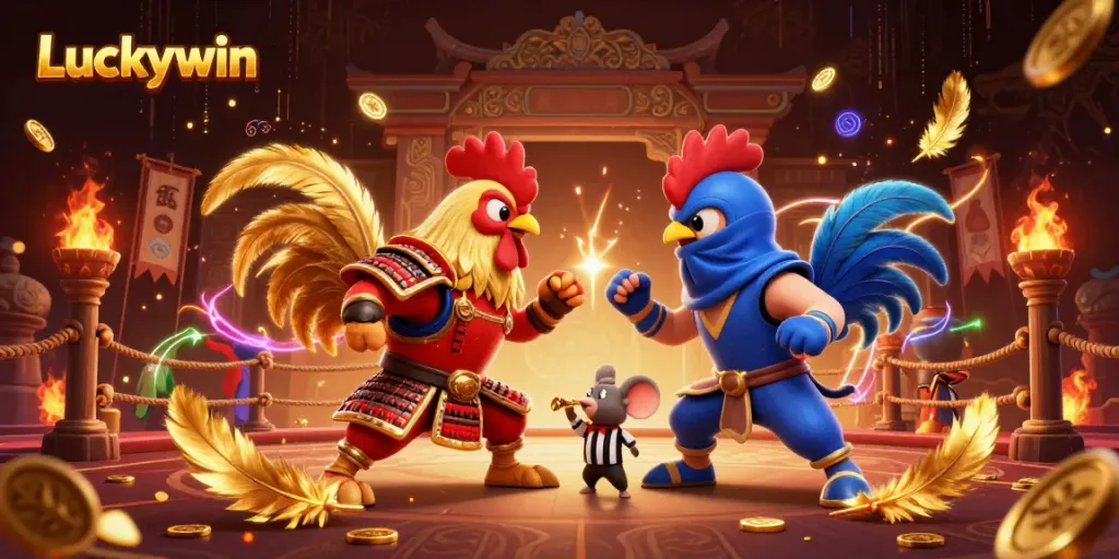 Experience thrilling cockfighting excitement with Luckywin's dramatic standoff scene.