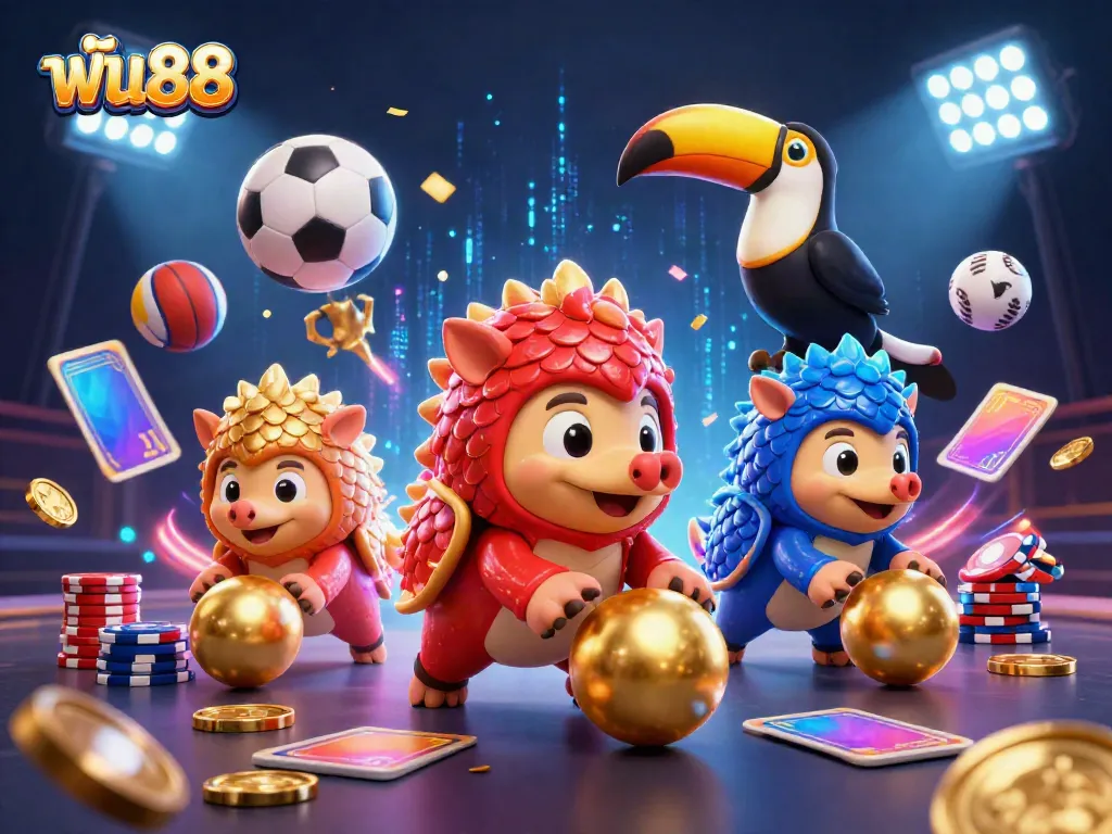 Experience thrilling gaming action with ฟัน88, featuring rival pangolins scoring in a vibrant casino scene.