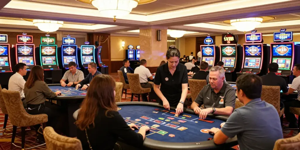 Energetic casino scene at SV88 showcasing diverse players enjoying high-stakes games.