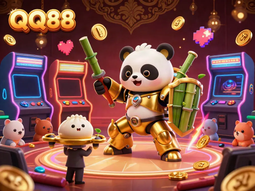 Experience the excitement of QQ88 with a vibrant 3D casino scene featuring a panda in a mech-suit in action.