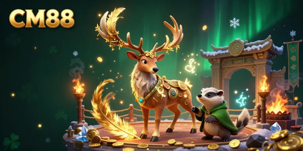 Bet on the enchanting CM88 illustration featuring a Celtic druid stag, badger, and casino elements.
