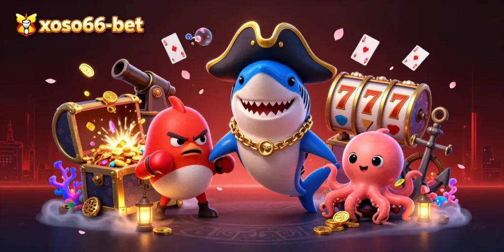 Experience thrilling gameplay with xoso66-bet, featuring a pirate shark and colorful undersea treasures.