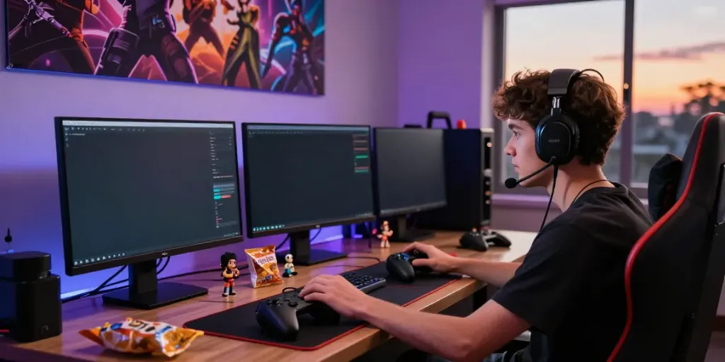 Player enjoying A80's extensive gaming library in a vibrant gaming room.