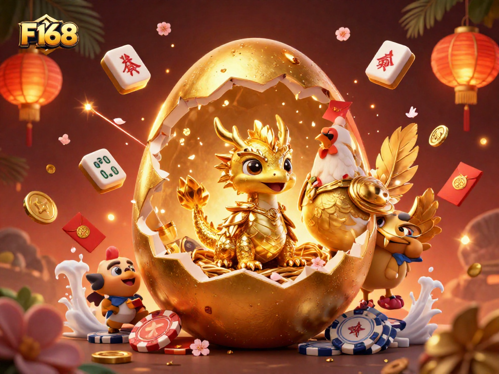 Play thrilling games at F168 with a golden dragon revealing treasures amidst vibrant casino elements.