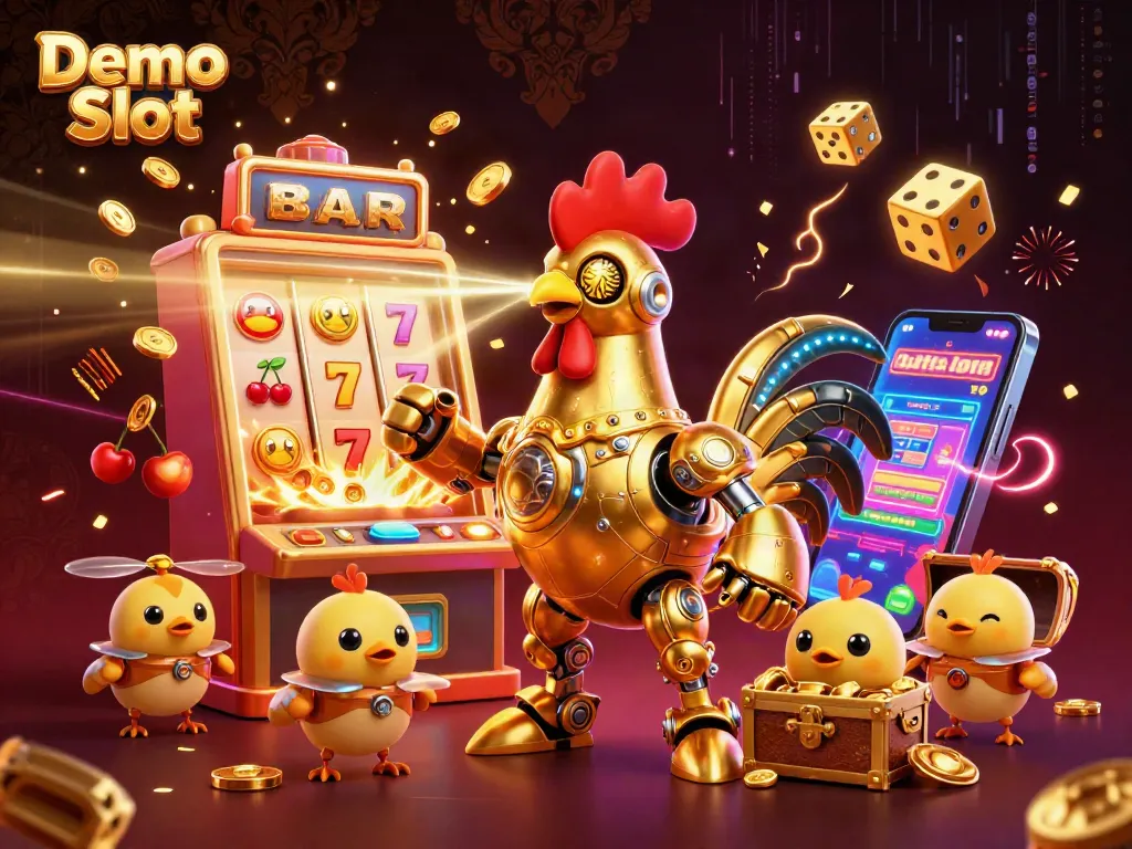 Experience the excitement of Demo Slots with a vibrant 3D scene featuring a golden rooster robot and baby chick drones.