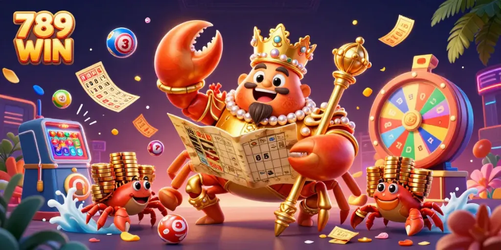 Engage in thrilling action at 789 WIN with vibrant thematic casino elements and a dynamic golden crab character.