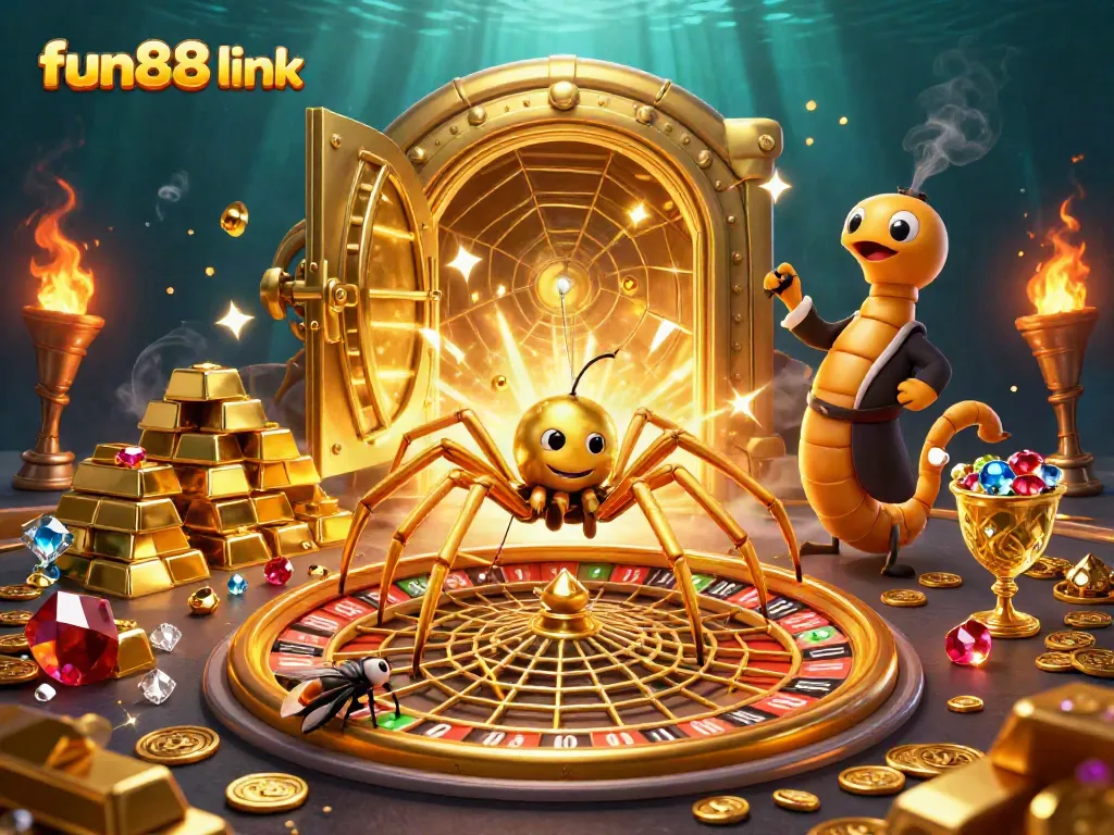 Interactive fun88 link scene with a golden spider and colorful casino elements for online betting excitement.