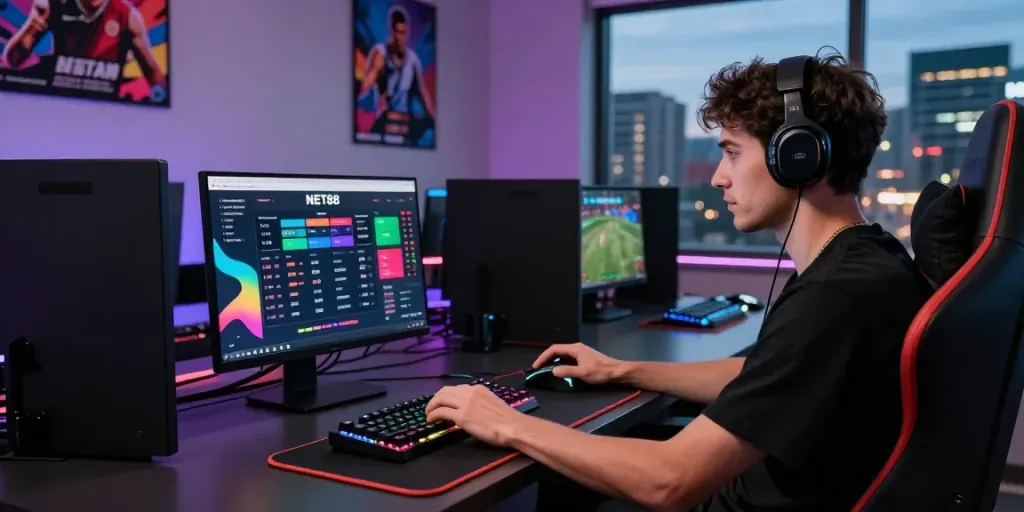 Engaging NET88 online betting scene with gamer at laptop showcasing live sports and betting options.
