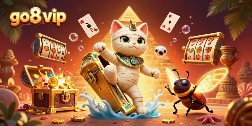 Experience thrilling gameplay with go8 vip as an Egyptian mummy cat bursts from a sarcophagus in a casino backdrop.